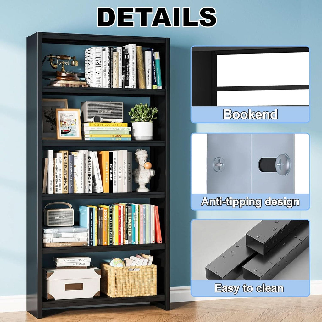 All Metal Five Tier Bookcase Matte Black Industrial