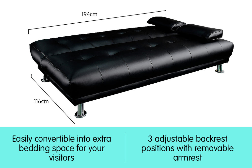 NNEDPE Sarantino 3 Seater Faux Leather Sofa Bed Couch Lounge Futon - Black