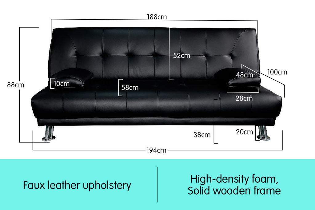 NNEDPE Sarantino 3 Seater Faux Leather Sofa Bed Couch Lounge Futon - Black