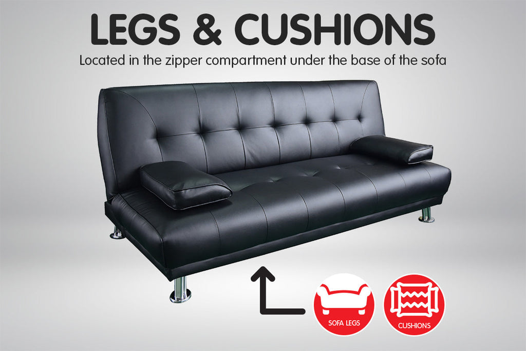 NNEDPE Sarantino 3 Seater Faux Leather Sofa Bed Couch Lounge Futon - Black