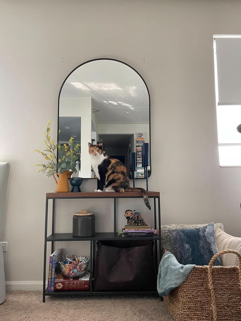 24x36 Inch Black Arched Wall Mounted Mirror With Brushed Metal Frame For Bathroom Vanity