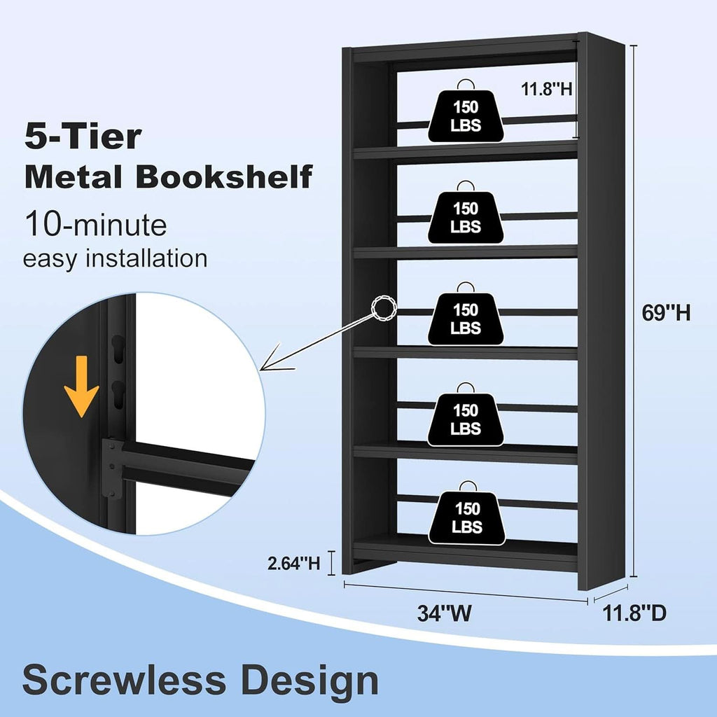 All Metal Five Tier Bookcase Matte Black Industrial