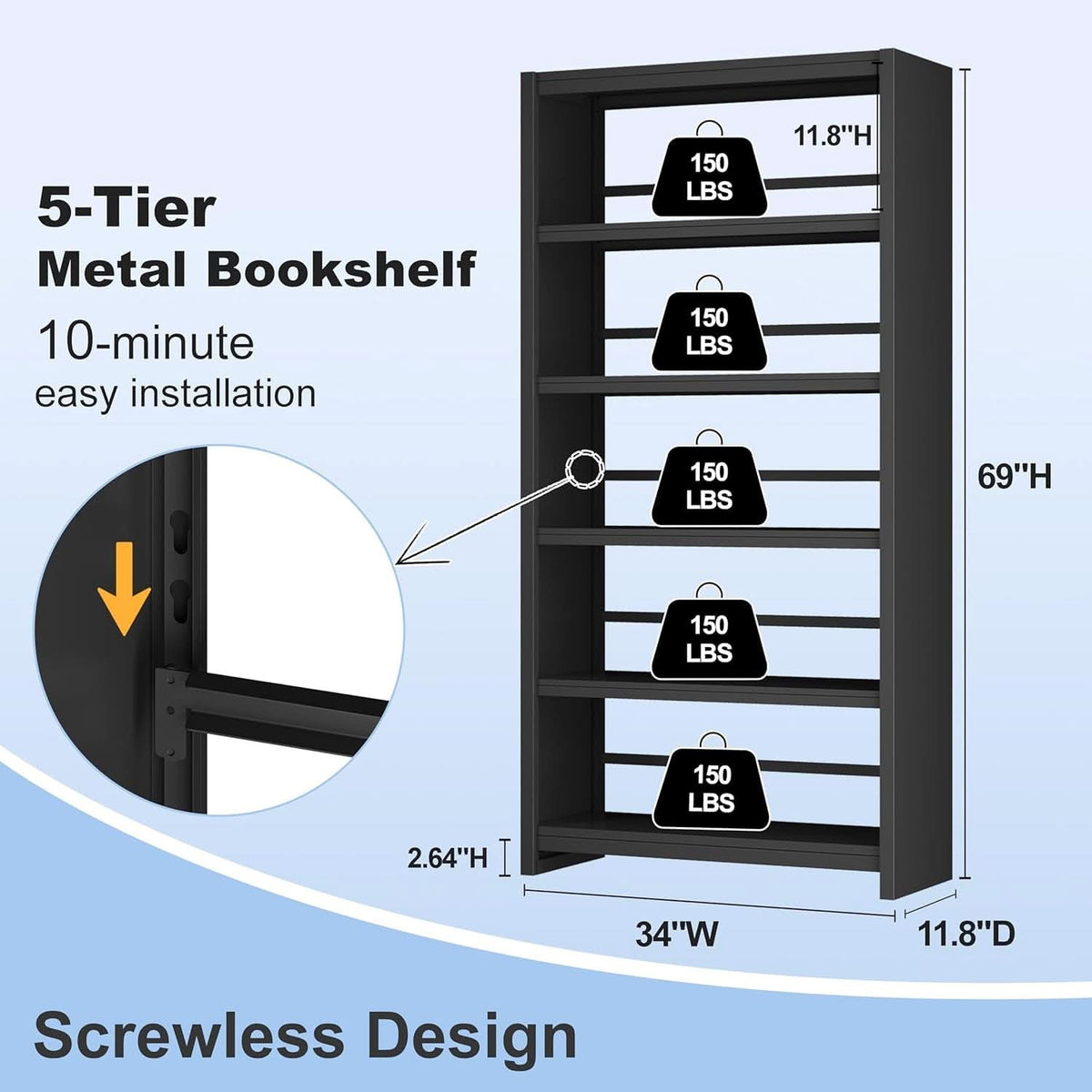 All Metal Five Tier Bookcase Matte Black Industrial