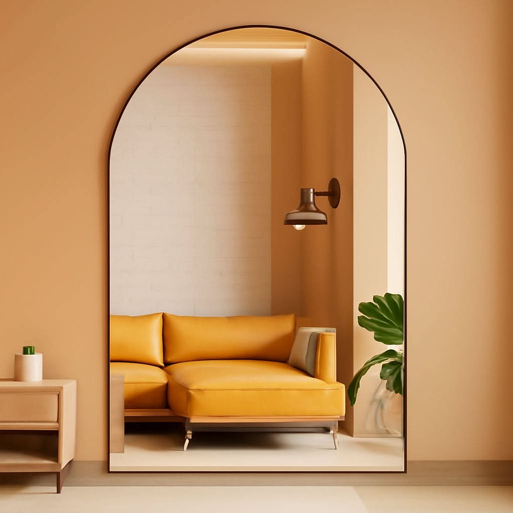 24x36 Inch Black Arched Wall Mounted Mirror With Brushed Metal Frame For Bathroom Vanity